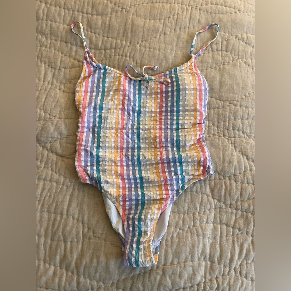 🌈 NWT J. Crew Multicolor seersucker stripe one piece swimsuit size 8 🌈